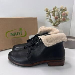 Naot Pali Leather Faux Shearling Cuff Boot Black 26013 Women's 8/EU 39 NWB